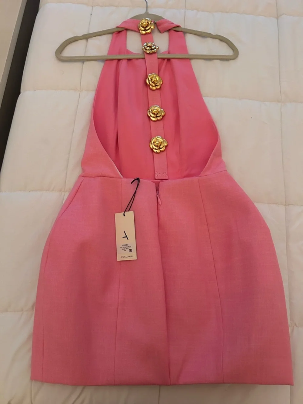 Original atoir Pink Halter Mini Dress with Gold Floral Buttons Down Back - Picture 4 of 4